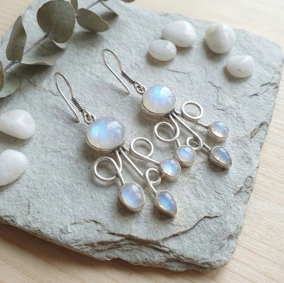 NKULTD Jewelry - 925 Sterling Silver Moonstone Dangle Earrings Artisan Boho Swirl Drop Gift 2.2"